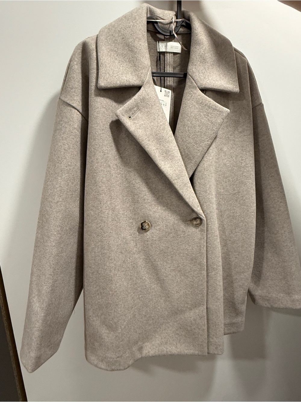 Zara Double-Breasted Pea Coat in Light Taupe